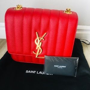Saint Laurent Medium Vicky Leather Crossbody Bag Red YSL Logo Gold Chain